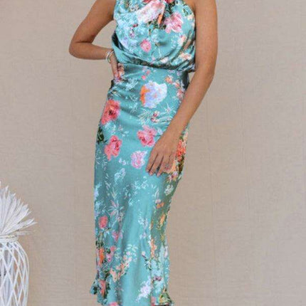 Elegant Floral Satin Halter Neck Dress - Women's Fashion Statement - Très Elite