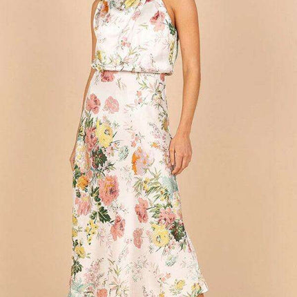 Elegant Floral Satin Halter Neck Dress - Women's Fashion Statement