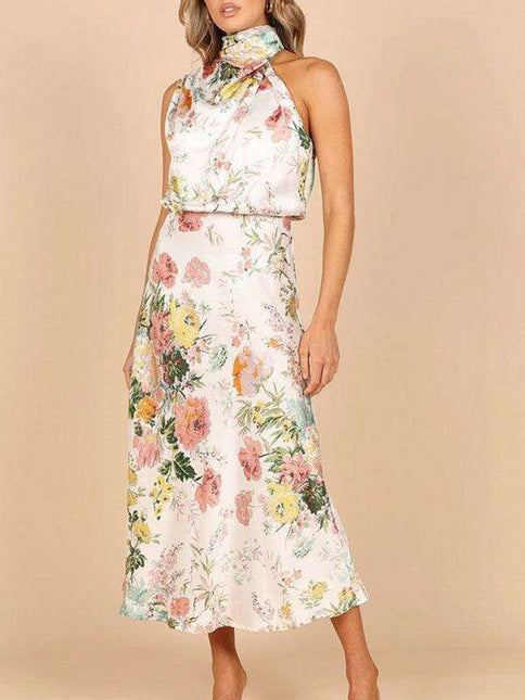 Elegant Floral Satin Halter Neck Dress - Women's Fashion Statement