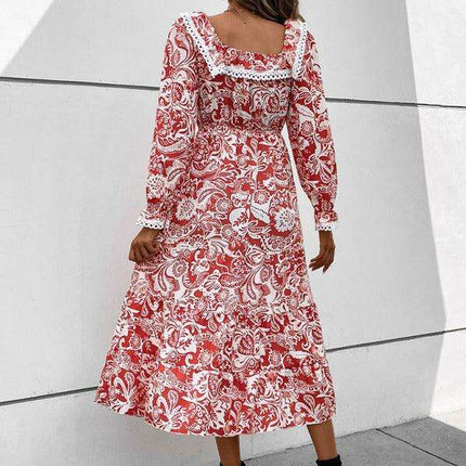 Elegant Floral Square Neck Dress with Long Sleeves for Women - Très Elite