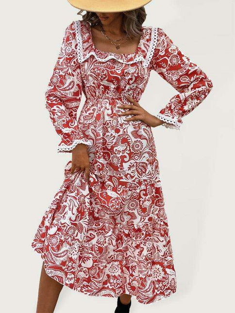 Elegant Floral Square Neck Dress with Long Sleeves for Women