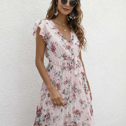 Elegant Floral Tie-Waist V-Neck Dress for Effortless Style
