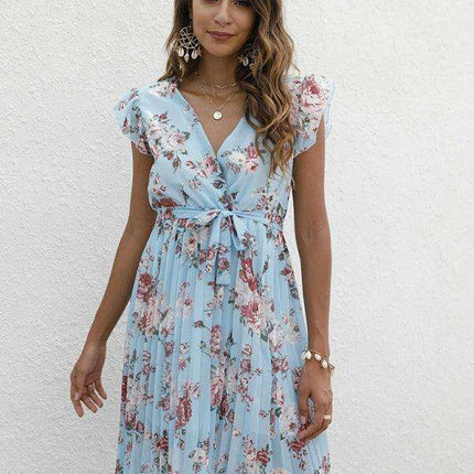 Elegant Floral Tie-Waist V-Neck Dress for Effortless Style - Très Elite
