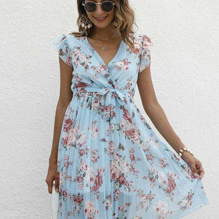 Elegant Floral Tie-Waist V-Neck Dress for Effortless Style - Très Elite