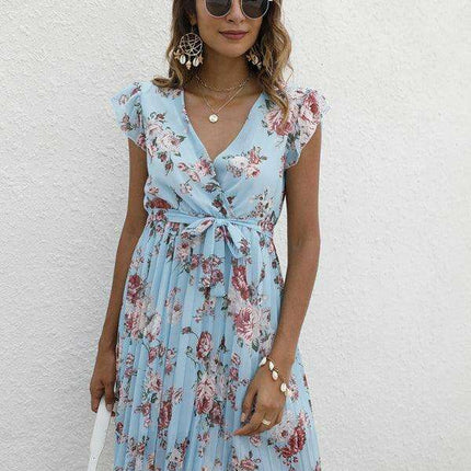Elegant Floral Tie-Waist V-Neck Dress for Effortless Style
