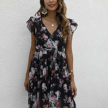 Elegant Floral Tie-Waist V-Neck Dress for Effortless Style - Très Elite