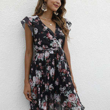 Elegant Floral Tie-Waist V-Neck Dress for Effortless Style - Très Elite