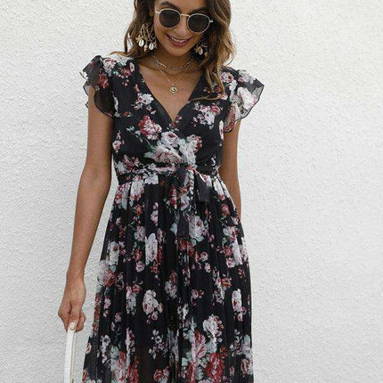 Elegant Floral Tie-Waist V-Neck Dress for Effortless Style - Très Elite
