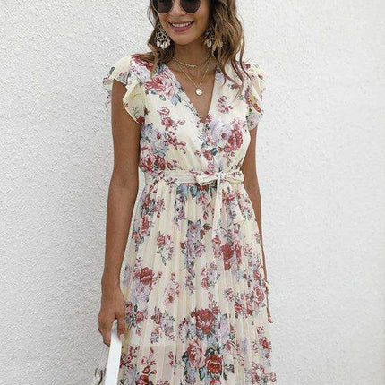 Elegant Floral Tie-Waist V-Neck Dress for Effortless Style - Très Elite