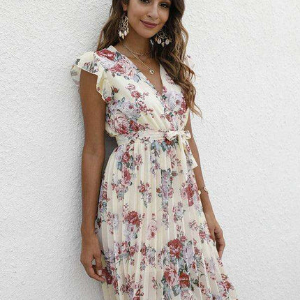 Elegant Floral Tie-Waist V-Neck Dress for Effortless Style - Très Elite