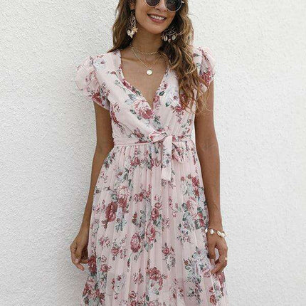 Elegant Floral Tie-Waist V-Neck Dress for Effortless Style - Très Elite