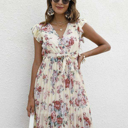 Elegant Floral Tie-Waist V-Neck Dress for Effortless Style