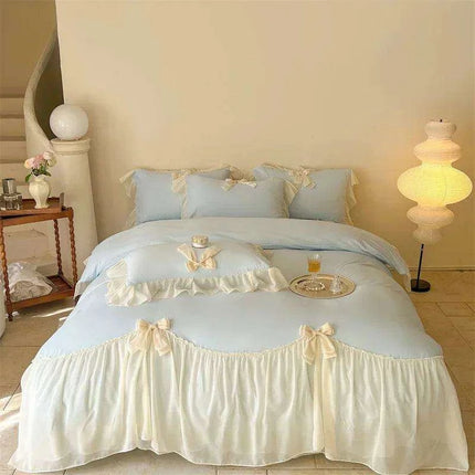 Elegant French Lace Ruffled Duvet Cover Set - Luxurious Bedding Ensemble with Bow Accents, Soft Sheets and Pillowcases - Très Elite