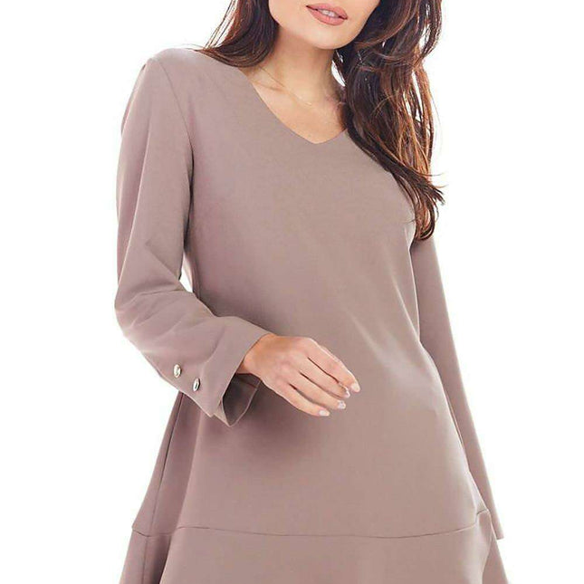 Elegant Frill Mini Dress with Golden Button Accents - Timeless Charm and Style