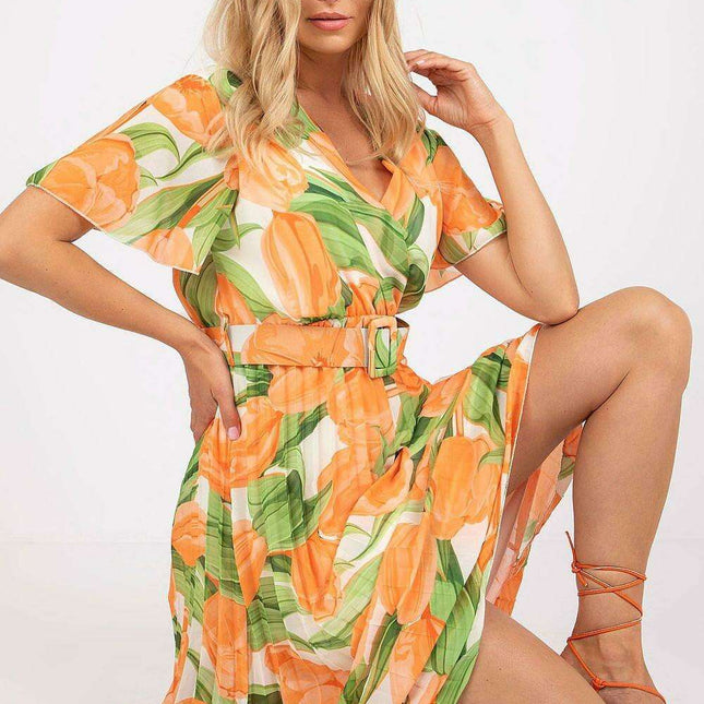 Elegant Frilled Sleeve Summer Dress With Chic Wrap Neckline