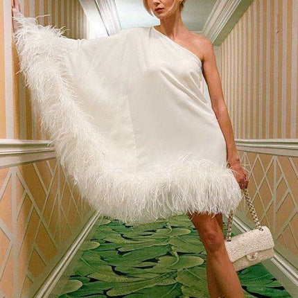 Elegant Furry Hem One-Shoulder Cape Dress - Très Elite