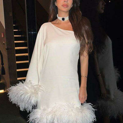 Elegant Furry Hem One-Shoulder Cape Dress - Très Elite
