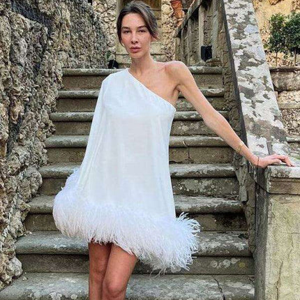 Elegant Furry Hem One-Shoulder Cape Dress - Très Elite