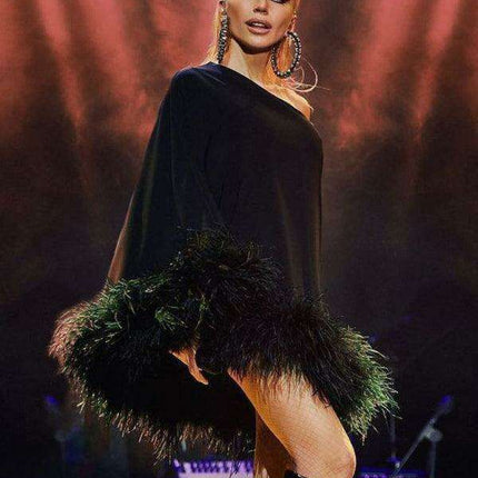 Elegant Furry Hem One-Shoulder Cape Dress - Très Elite
