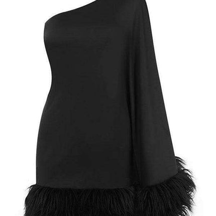 Elegant Furry Hem One-Shoulder Cape Dress - Très Elite