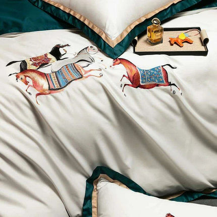 Elegant Galloping Horse Embroidered Egyptian Cotton Bedding Set in White and Orange - Complete Duvet Cover, Bed Sheet, and Pillowcase Collection - Très Elite