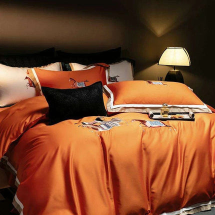 Elegant Galloping Horse Embroidered Egyptian Cotton Bedding Set in White and Orange - Complete Duvet Cover, Bed Sheet, and Pillowcase Collection- Très Elite- Très Elite