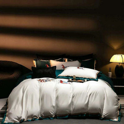 Elegant Galloping Horse Embroidered Egyptian Cotton Bedding Set in White and Orange - Complete Duvet Cover, Bed Sheet, and Pillowcase Collection - Très Elite