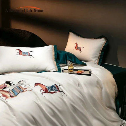 Elegant Galloping Horse Embroidered Egyptian Cotton Bedding Set in White and Orange - Complete Duvet Cover, Bed Sheet, and Pillowcase Collection - Très Elite