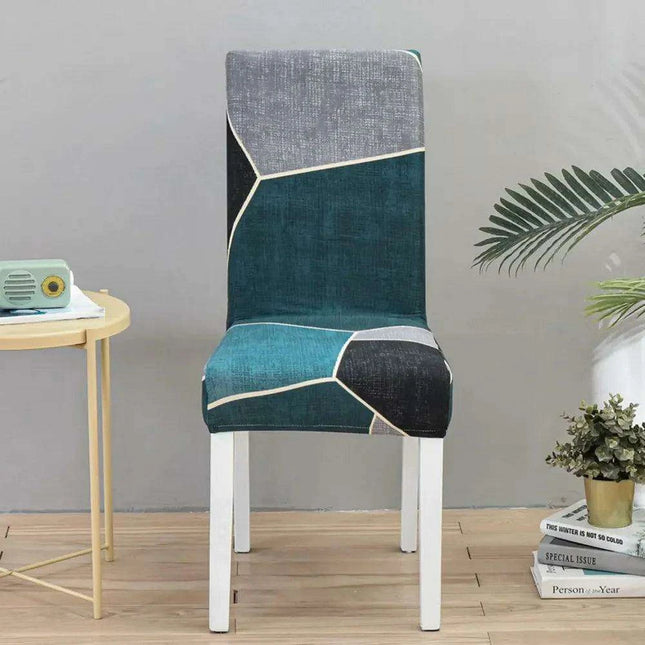 Elegant Geometric Blue-Grey Stretch Chair Covers for Stylish Dining Experiences