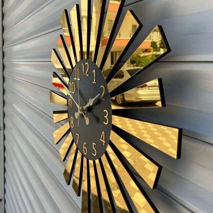 Elegant Gold and Silver Mirror Wall Clock with Wooden Layer and Piano Design - Très Elite
