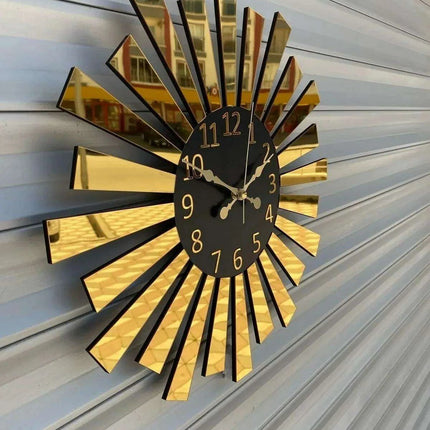 Elegant Gold and Silver Mirror Wall Clock with Wooden Layer and Piano Design - Très Elite
