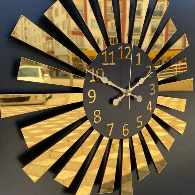 Elegant Gold and Silver Mirror Wall Clock with Wooden Layer and Piano Design