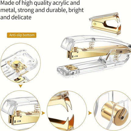 Elegant Golden Acrylic Office Accessory Set with Stapler, Tape Dispenser, Scissors, and 1000 Staples - Très Elite