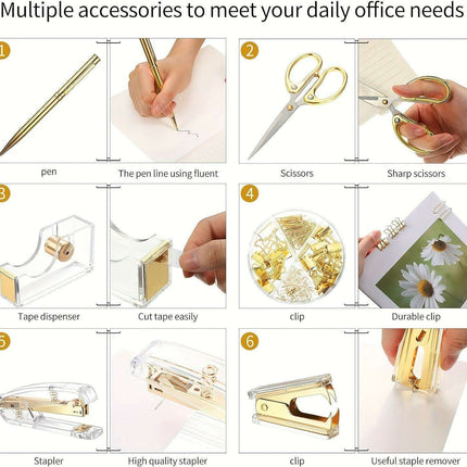 Elegant Golden Acrylic Office Accessory Set with Stapler, Tape Dispenser, Scissors, and 1000 Staples - Très Elite