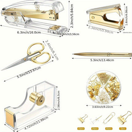 Elegant Golden Acrylic Office Accessory Set with Stapler, Tape Dispenser, Scissors, and 1000 Staples - Très Elite