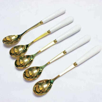 Elegant Golden Veined Ceramic Cutlery Collection with Chic Storage Holder - Très Elite
