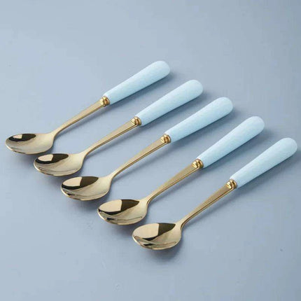 Elegant Golden Veined Ceramic Cutlery Collection with Chic Storage Holder - Très Elite