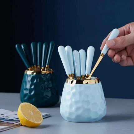 Elegant Golden Veined Ceramic Cutlery Collection with Chic Storage Holder - Très Elite