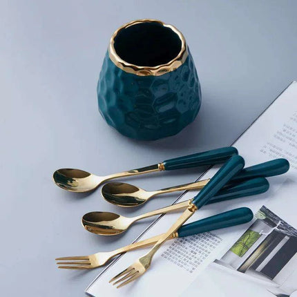 Elegant Golden Veined Ceramic Cutlery Collection with Chic Storage Holder - Très Elite