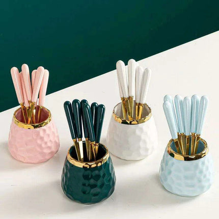 Elegant Golden Veined Ceramic Cutlery Collection with Chic Storage Holder - Très Elite
