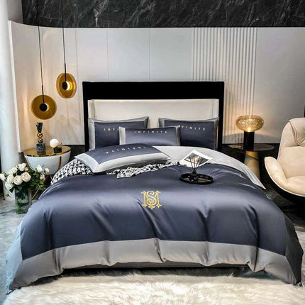 Elegant Gray 60S Egyptian Cotton Luxury Bedding Set with Intricate Embroidery - Duvet Cover, Sheet & Pillowcases- Très Elite- Très Elite