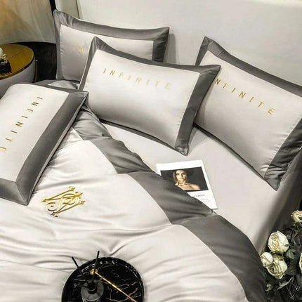 Elegant Gray 60S Egyptian Cotton Luxury Bedding Set with Intricate Embroidery - Très Elite