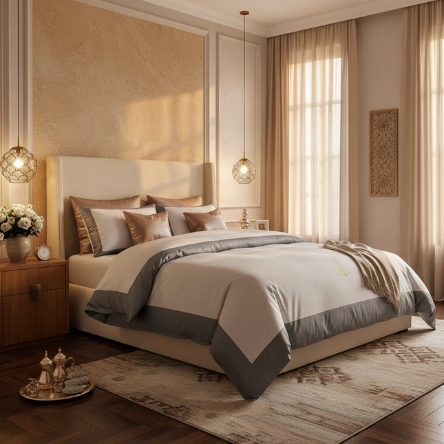 Elegant Gray 60S Egyptian Cotton Luxury Bedding Set with Intricate Embroidery - Très Elite