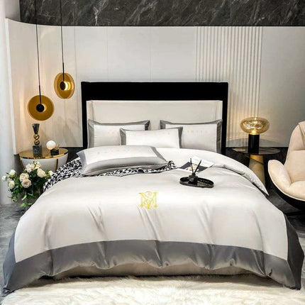 Elegant Gray 60S Egyptian Cotton Luxury Bedding Set with Intricate Embroidery - Duvet Cover, Sheet & Pillowcases- Très Elite- Très Elite