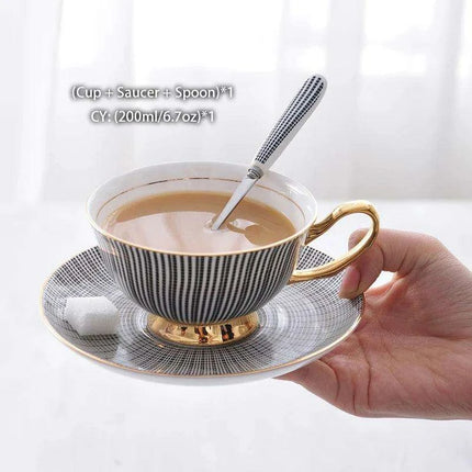 Elegant Gray Bone China Tea Set with Gold Accents - 200ml Cup, Saucer & Spoon Collection - Très Elite
