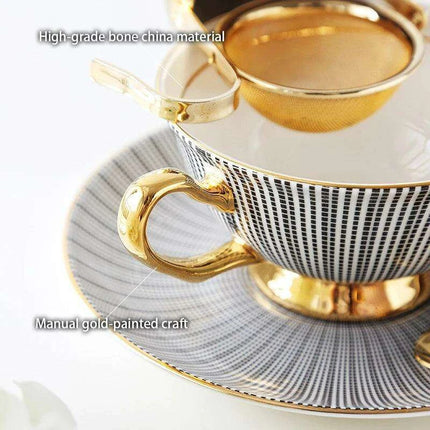 Elegant Gray Bone China Tea Set with Gold Accents - 200ml Cup, Saucer & Spoon Collection - Très Elite