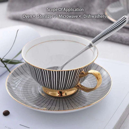 Elegant Gray Bone China Tea Set with Gold Accents - 200ml Cup, Saucer & Spoon Collection - Très Elite