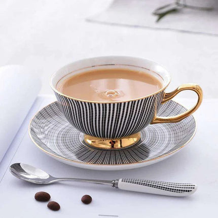 Elegant Gray Bone China Tea Set with Gold Accents - 200ml Cup, Saucer & Spoon Collection - Très Elite