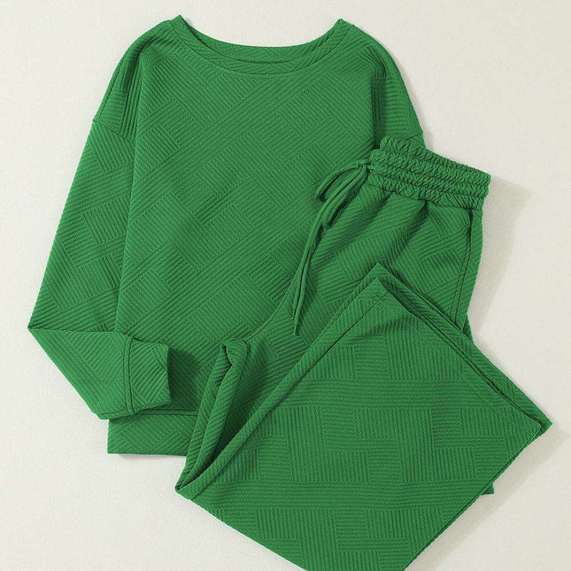 Elegant Green Textured Loungewear Set with Comfy Wide-Leg Pants