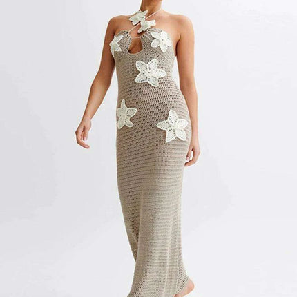 Elegant Halter Backless Floral Crochet Maxi Dress for Women - Perfect for Summer Parties and Beach Escapes - Très Elite